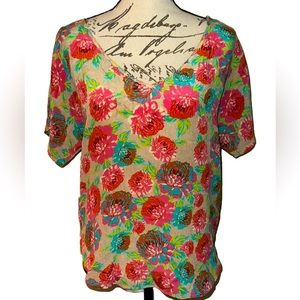 💕Ella Moss Bright Pop Floral Silk Short Sleeve Blouse